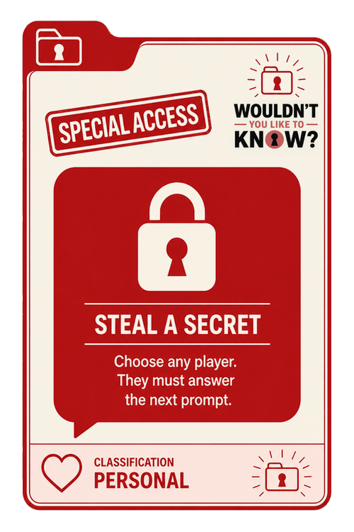 Steal a Secret — Mixed Signal action card: choose any player; they answer the next prompt