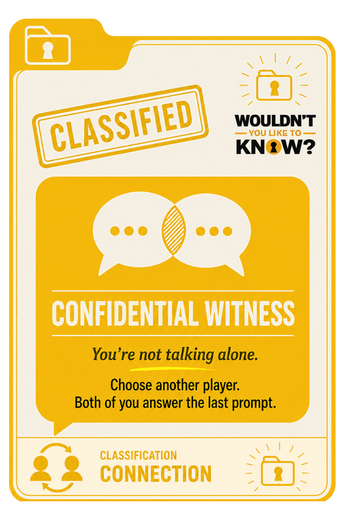 Confidential Witness — Mixed Signal action card: choose another player; both answer