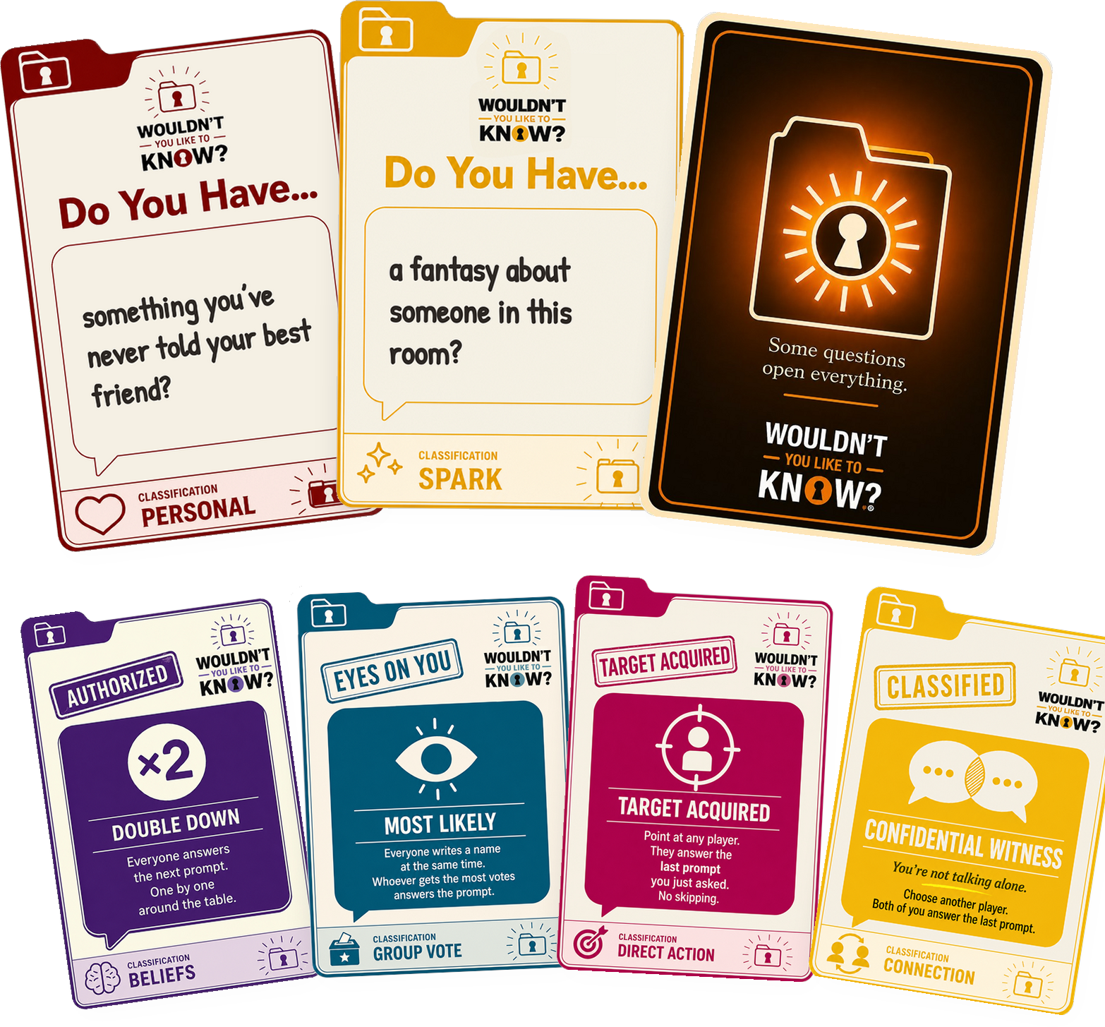 A fan of Wouldn't You Like to Know? cards — two prompt cards, the card back, and four Mixed Signal action cards