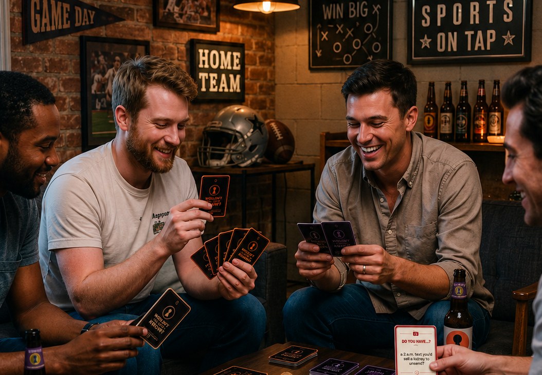 Guys in a sports den playing Wouldn't You Like to Know? with the cards