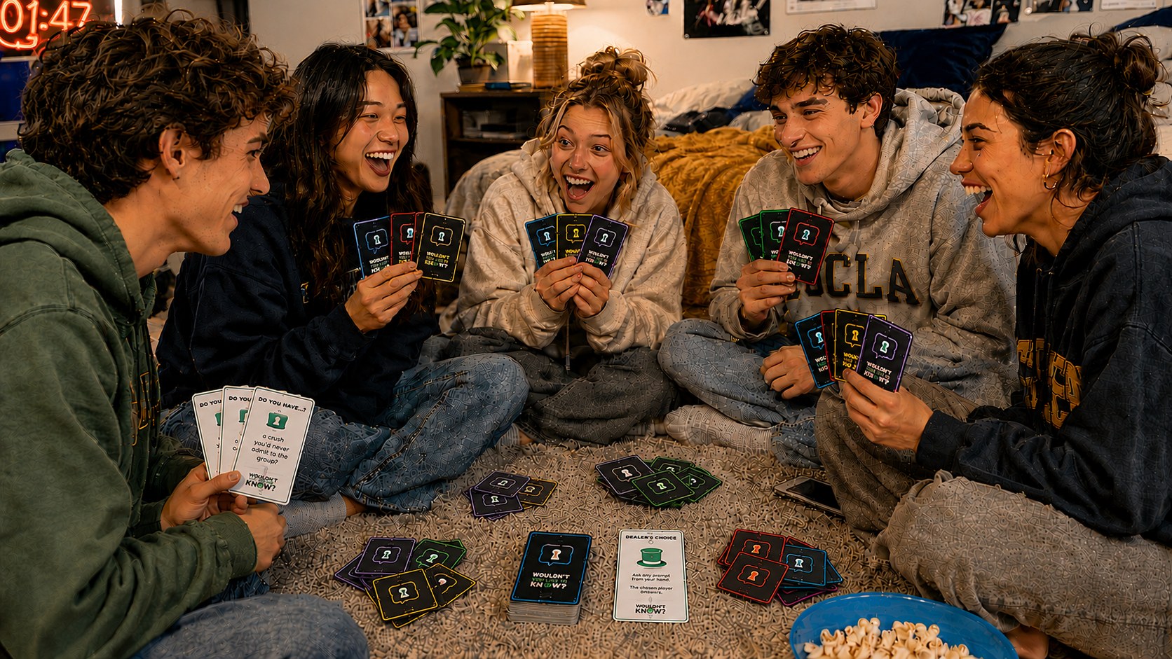 College friends with a fan of cards