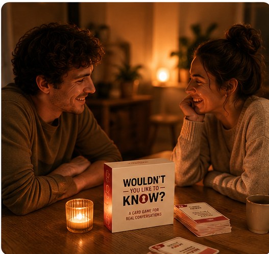 A couple at a candlelit table leaning in over Wouldn't You Like to Know? — a quiet date night of real conversation
