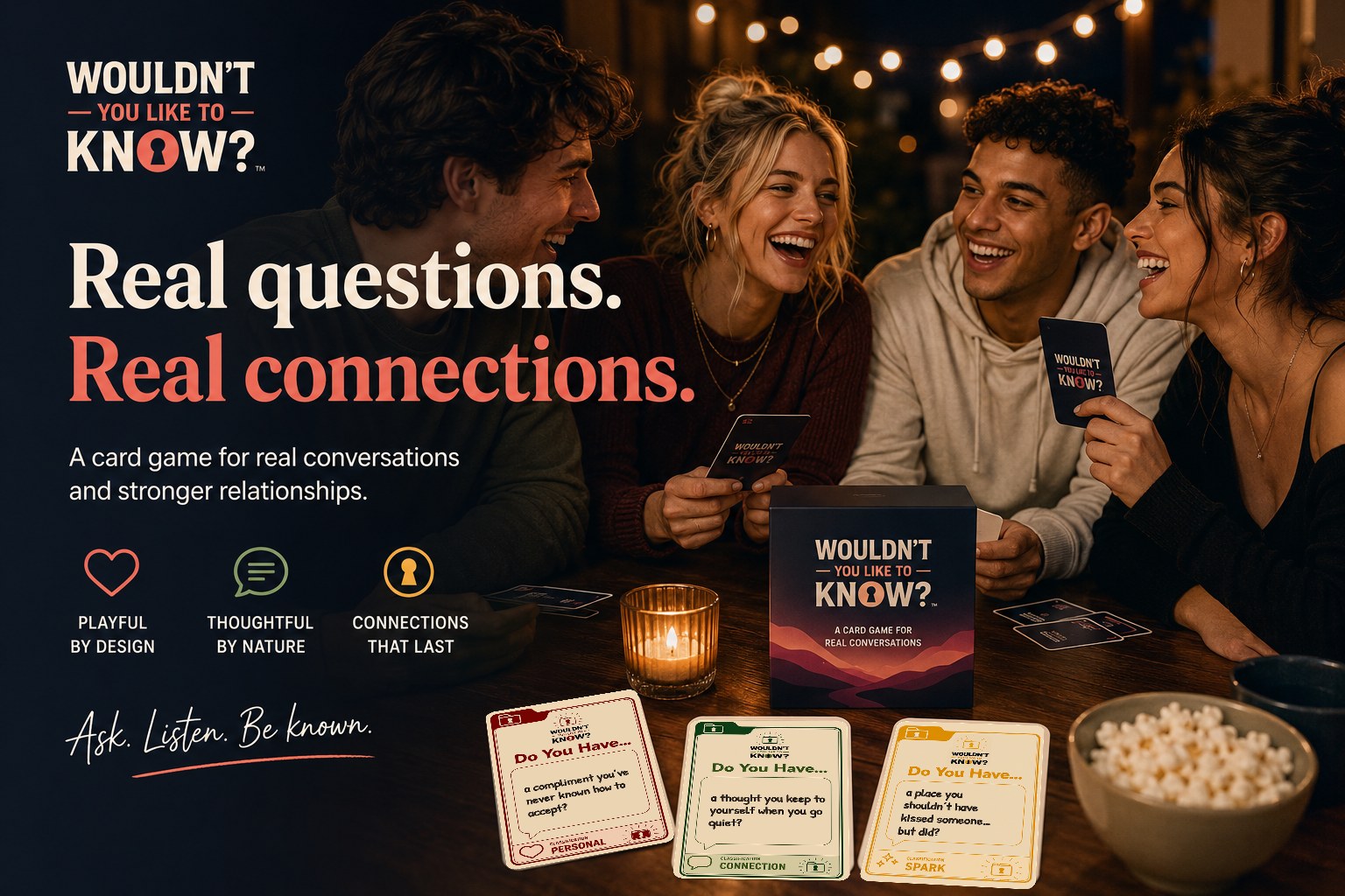 Friends laughing around a table playing Wouldn't You Like to Know? — real questions, real connections