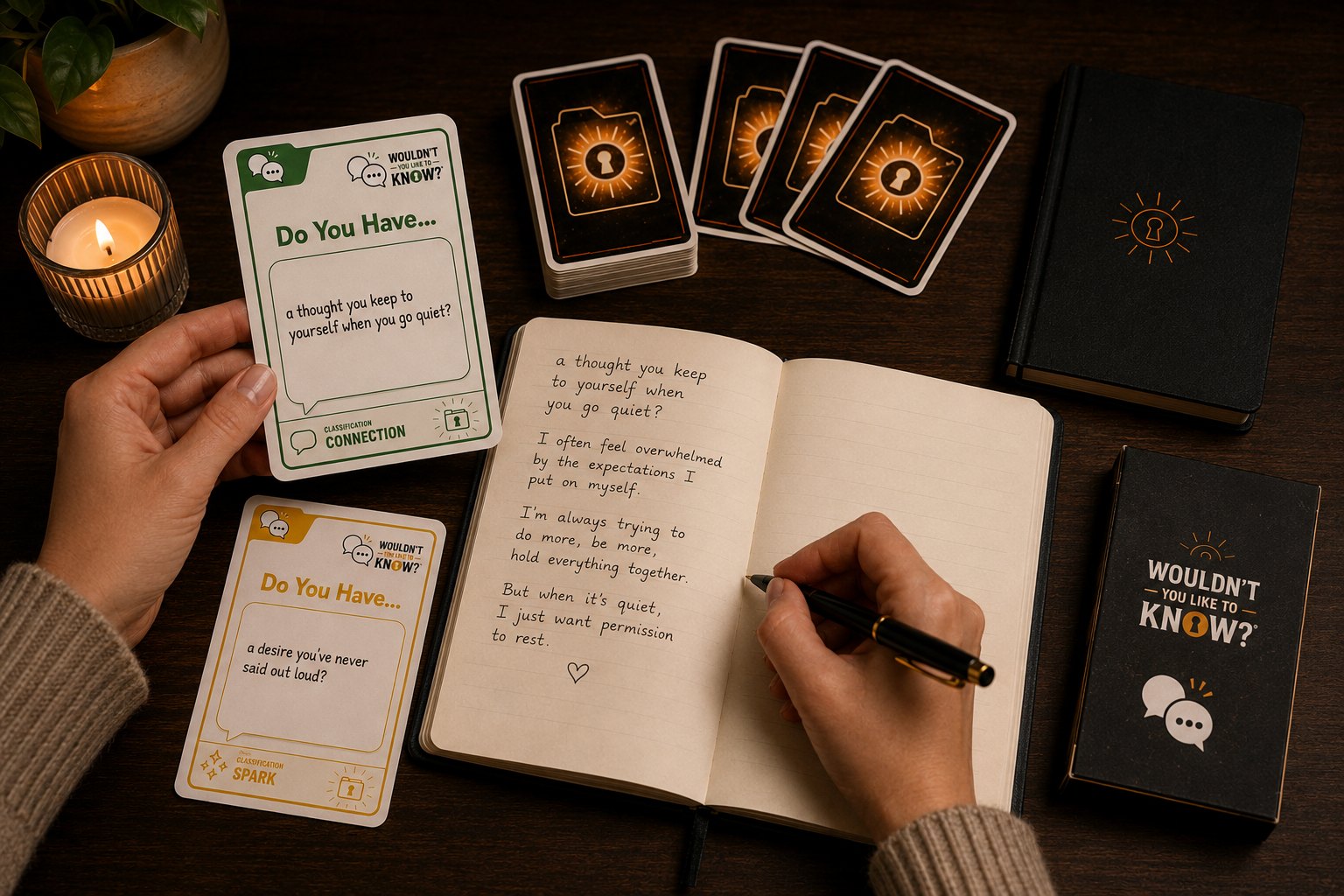 A quiet night with Wouldn't You Like to Know? — a hand journaling an answer to a drawn prompt card, deck and companion journal nearby
