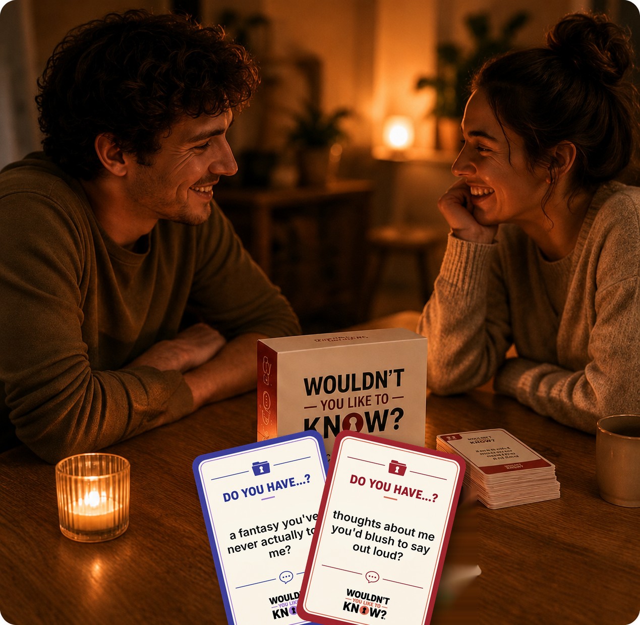 A couple at a candlelit table with Wouldn't You Like to Know? Pillow Talk cards