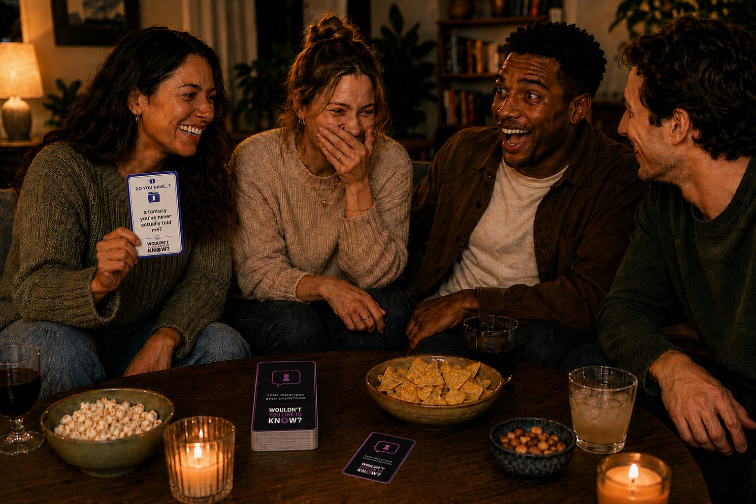Friends reacting to a bold card on the couch