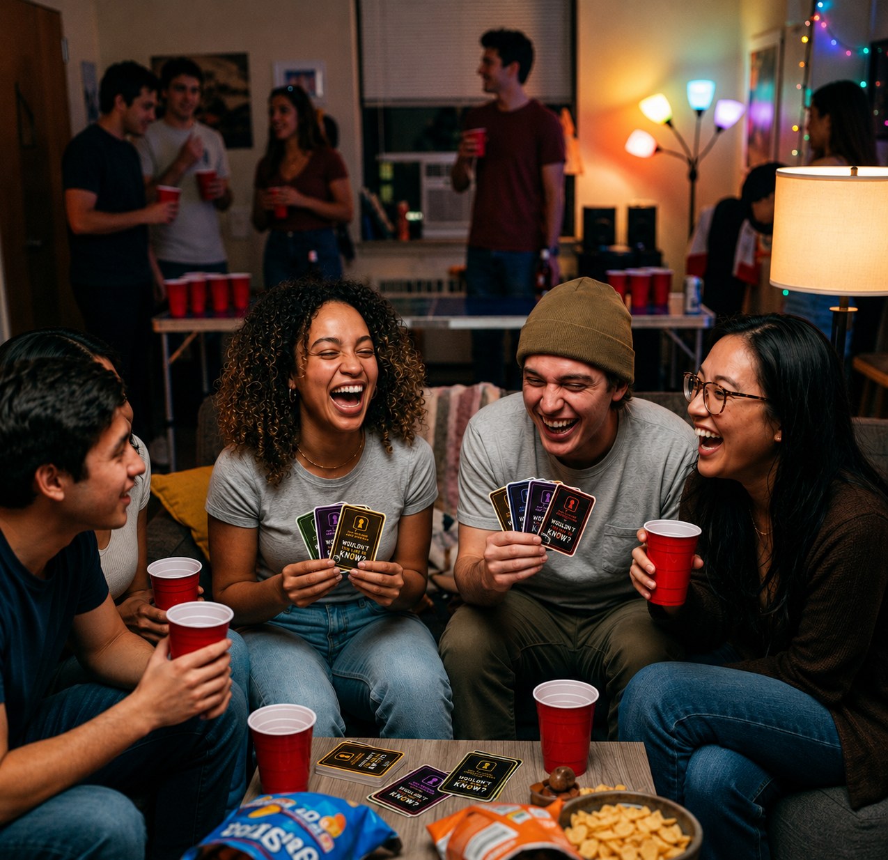 A house party with red cups and Wouldn't You Like to Know? cards