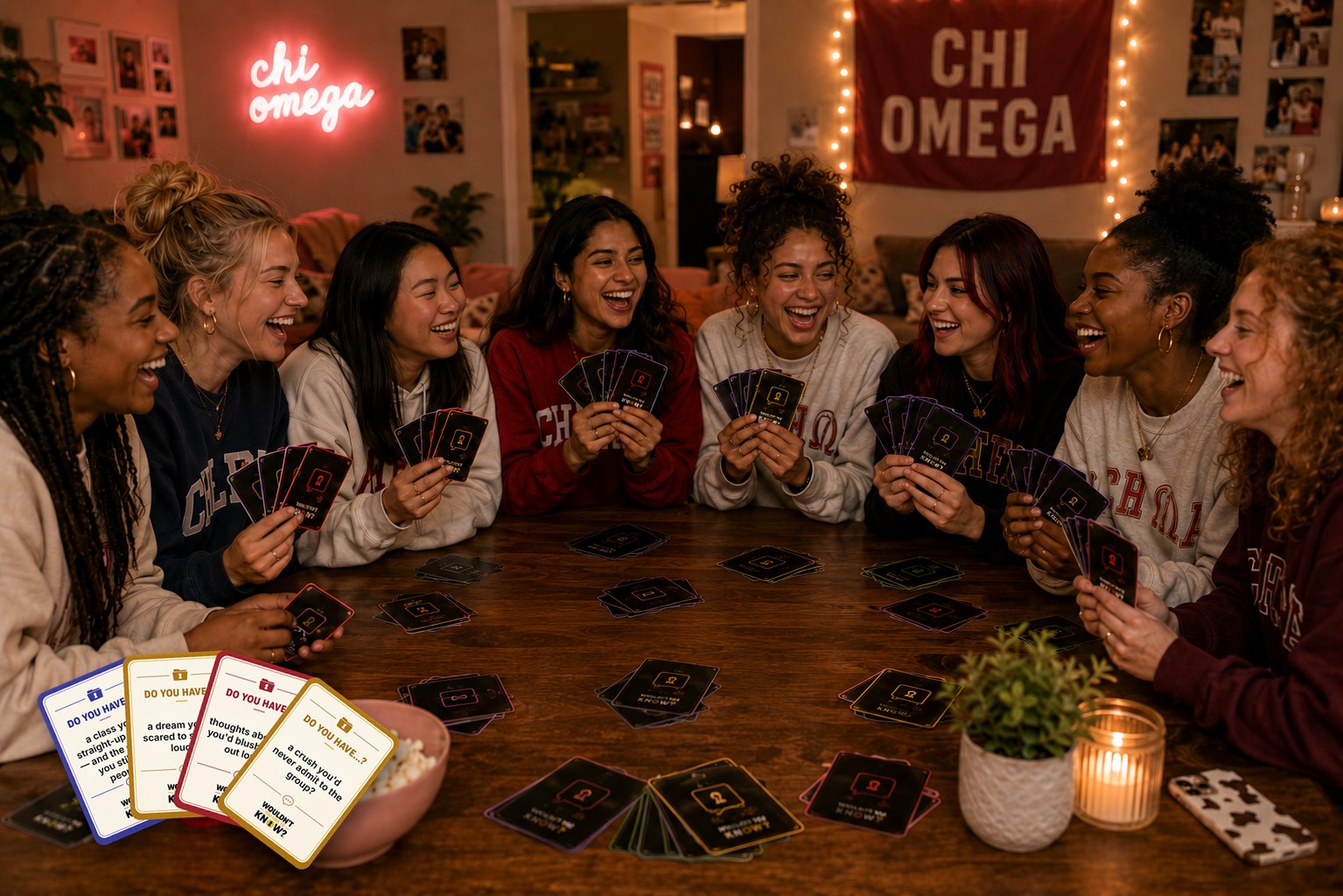 A big group night with cards fanned out