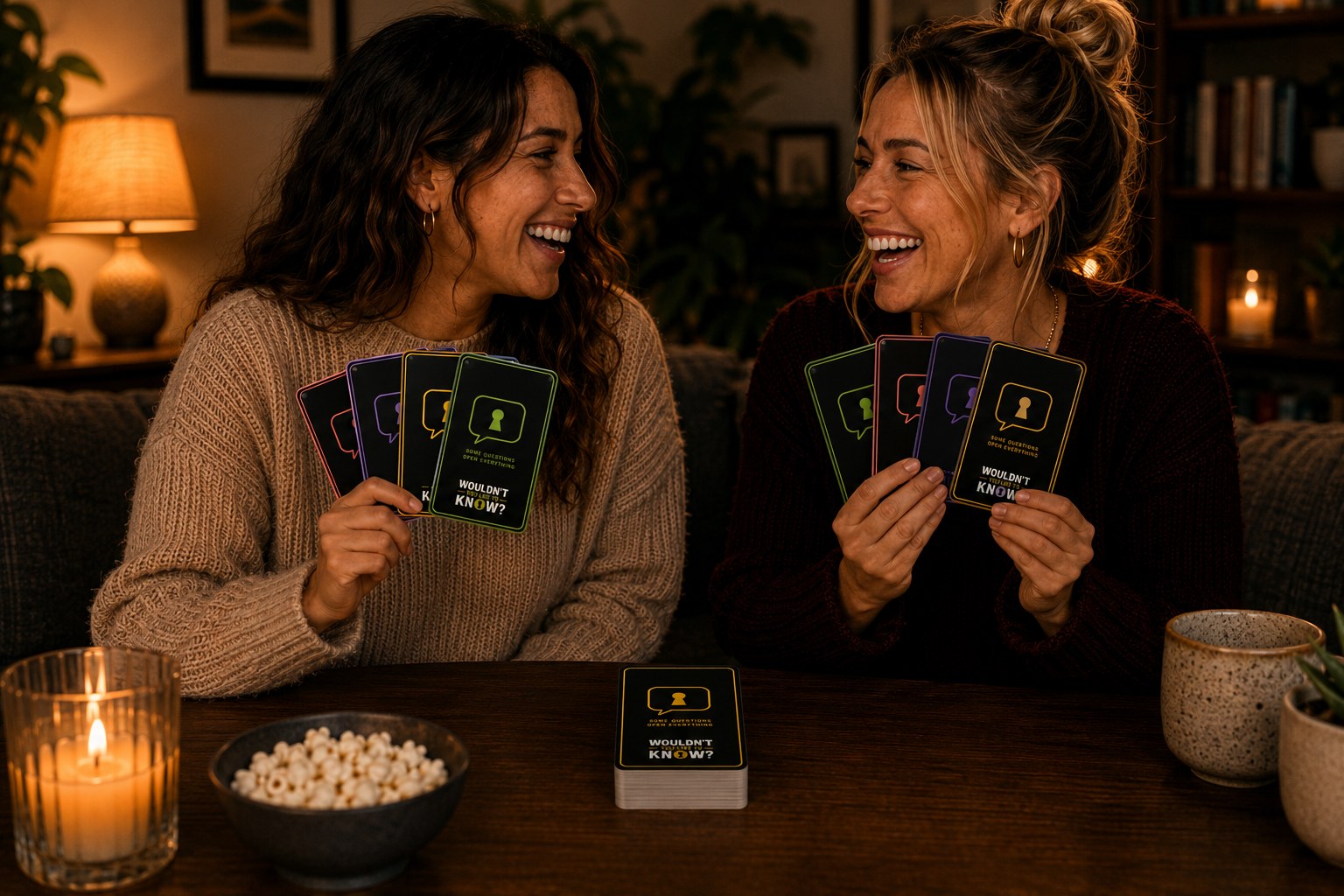 Two friends laughing over a hand of cards