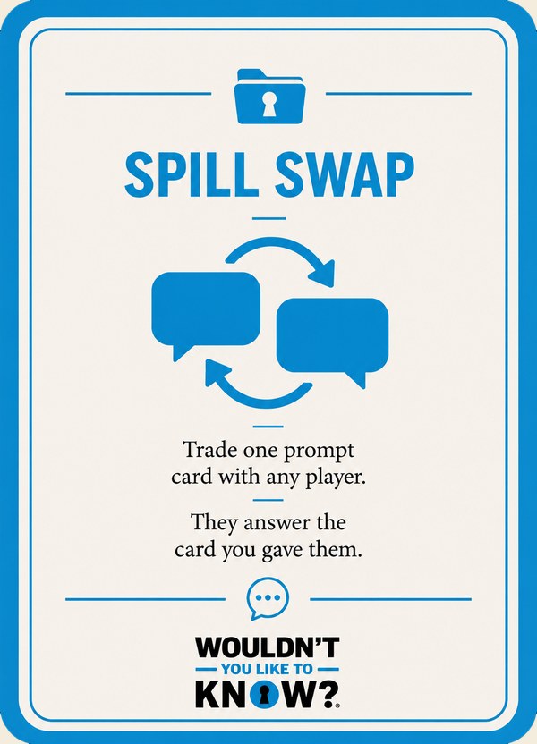 Spill Swap — trade one prompt card with any player; they answer the card you gave them