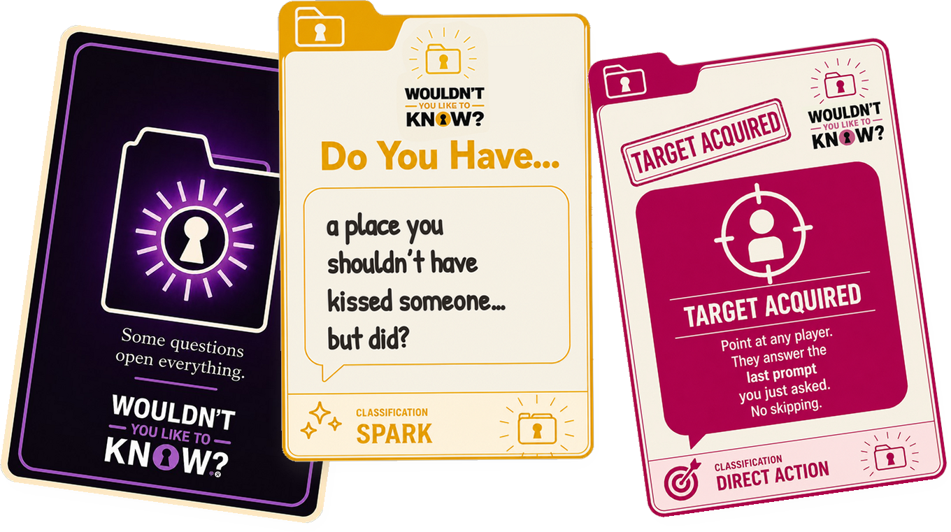 Three cards from Wouldn't You Like to Know? — the twilight card back, a gold Spark prompt card, and the Target Acquired Mixed Signal action card